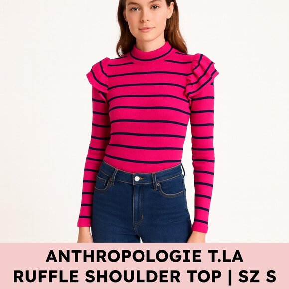 Anthropologie Tops - 💖 Anthropologie t.la Ruffle Shoulder Mock Neck Striped Top — Hot Pink & Navy (S